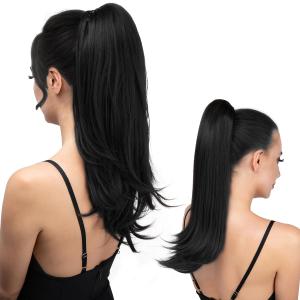 Clip in Ponytail Extension Jet Black 18 Inch Pony Tails Hair Extensions for Women Long Straight Curly Tail Ponytail Hair piece Synthetic Fake Versatile Pony
