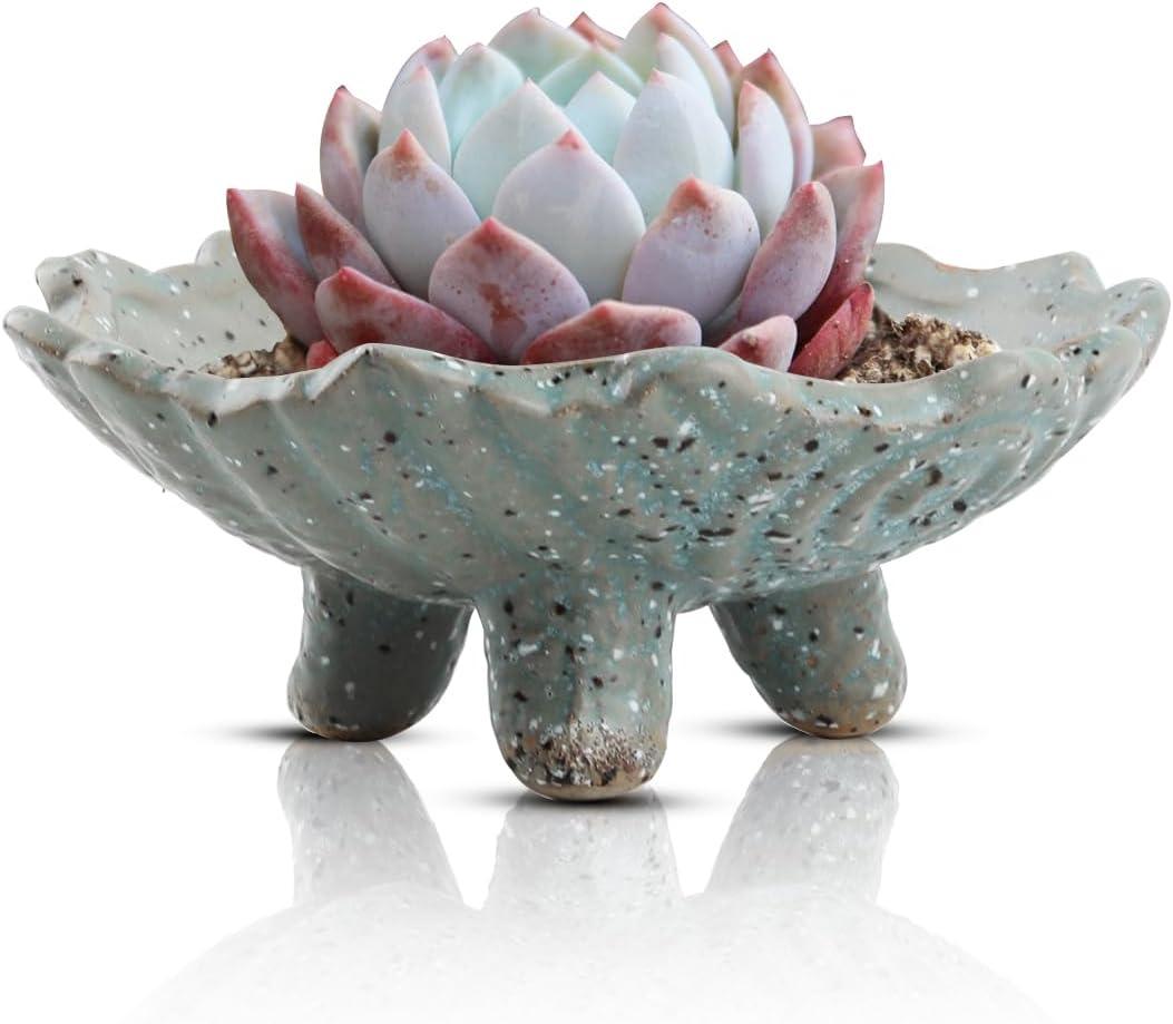 Retro Succulent Planter Ceramic Flower Pot for Indoor Outdoor, Cactus Planter Pot with Drainage Hole for Home & Office Decor, Green (5.3*5.3*2.1 in)
