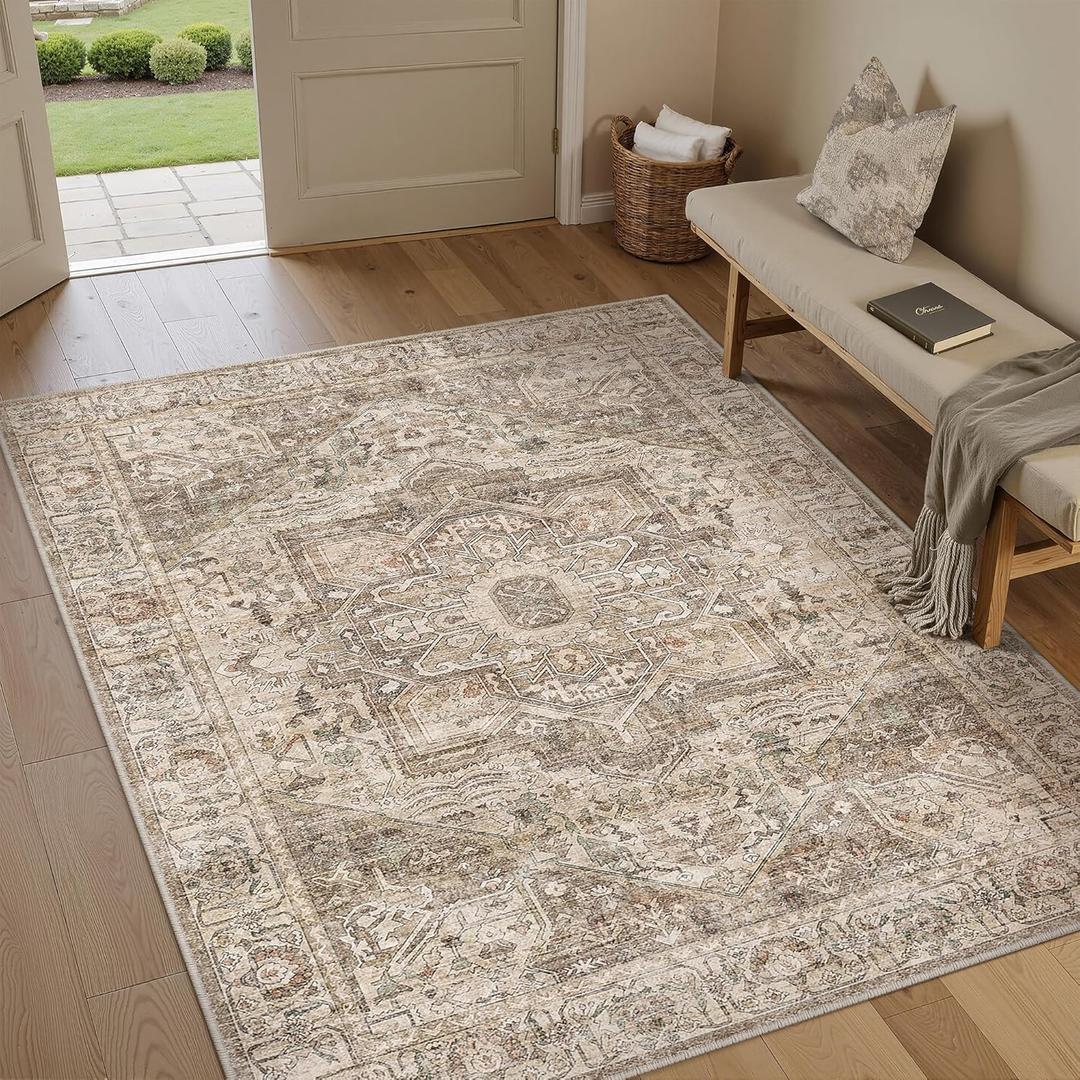 Vintage Area Rug 4x6 Brown Multi Washable Entryway Bedroom Kitchen Indoor Carpet Non Slip Traditional Medallion Distressed Low Pile Retro Accent Throw Rug for Office Dining Living Room 