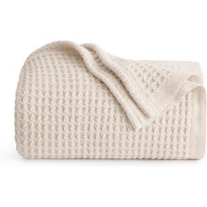 Bedsure Gentlesoft 100% Cotton Large Throw Blanket for Couch 50x70 inches - Breathable and Soft, Waffle Weave Throw Blanket for Office, Light Beige