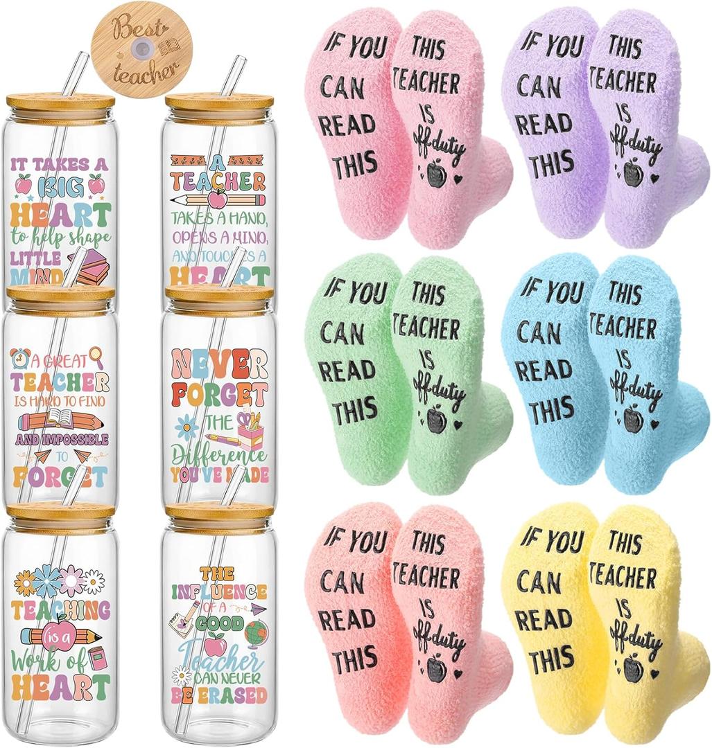Domensi 12 Pcs Teacher Appreciation Gifts from Student 16 oz Glass Cups with Lids Novelty Socks End of Year & Thank You Gifts for Teacher Retirement Birthday Graduation Back to School