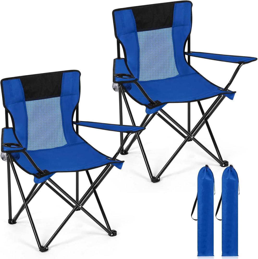 Shellwei 2 PCS Folding Camping Chair with Cupholder and Carry Bag Regular Size Colorful Breathable Portable Lightweight Lawn Chair with Side Pocket for Fishing Hiking Beach Outdoor Activity (Blue)
