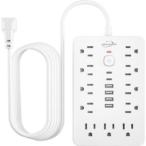 JouleLoom 10 FT Flat Plug Surge Protector Power Strip,11 Multiple AC Outlets with 6 USB Ports (2 USB C), 6 Feet Extension Cord, 1250W/10A, One Touch Switch Button, White
