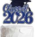 Class of 2026 Graduation Cake Topper Blue Glitter Congrats Grad Cake Decorations Happy Graduation Congratulations Grad 2026 Party Supplies (Blue)
