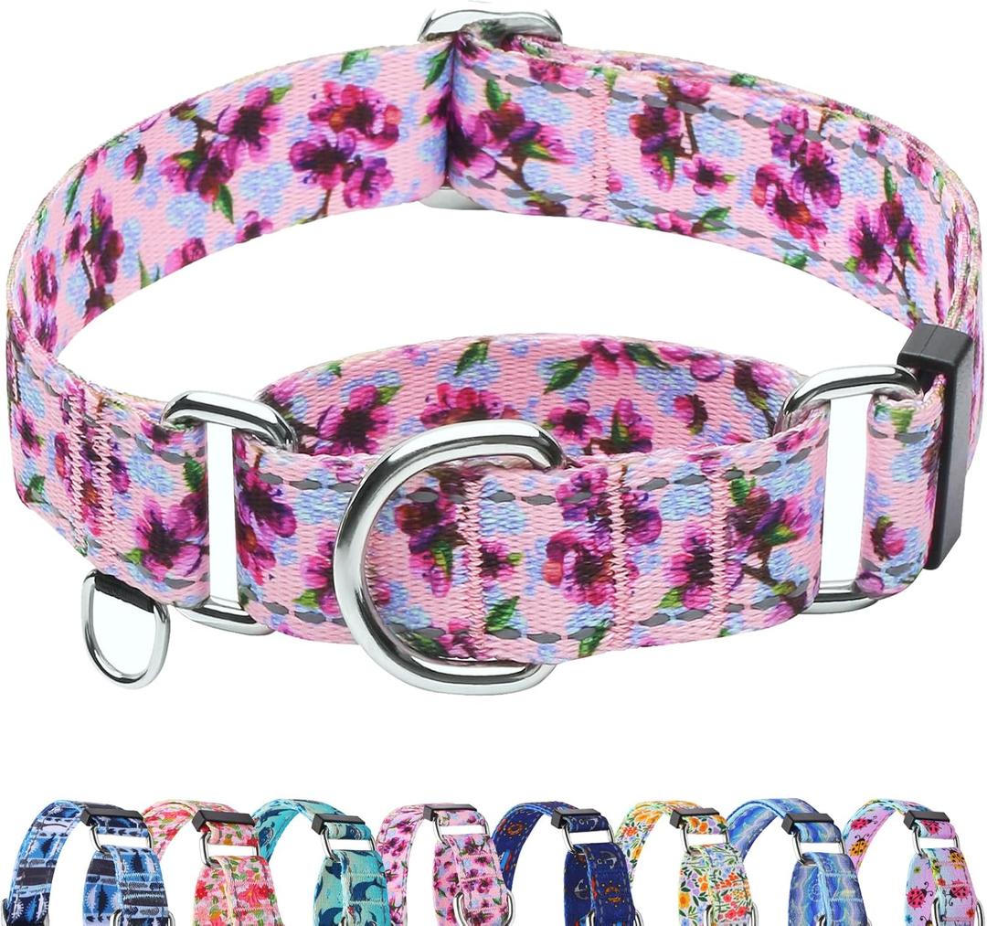 Reflective Martingale Collar for Dogs Nylon Training Collar with No Buckle Cute Floral No Pull Dog Collar for Medium Dogs Purple Flower M