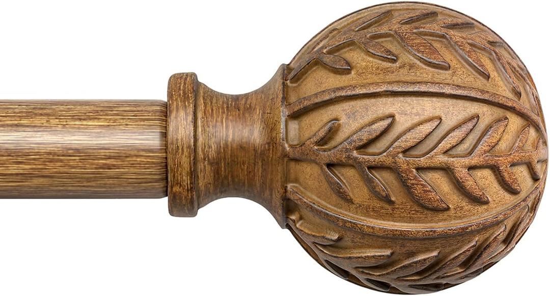 QDWIS Boho Wood Curtain Rods for Windows 48 to 84 inch,1" Adjustable Heavy Duty Window Curtain Rod with Imitation Wood Grain Finials,Rustic Decorative Drapery Rods Set,Size:36-88'',Natural Wood