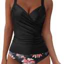 SUUKSESS Women Slimming High Waisted Tummy Control Tankini Swimsuit Sexy Wrap Push Up V Neck Bathing Suits 2 Piece (Vintage Black Floral, XL)