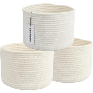 Woven Cotton Storage Baskets - 3-Pack Round Bins (10x10x7'') for Shelves, Closets & Bookcases | Durable Rope Organizers for Nursery, Baby, Toys, Easter & More (white)