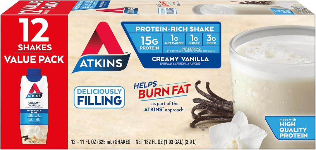 Atkins Creamy Vanilla High Protein Shake, 15g Protein, Low Glycemic, Low Carb and Low Sugar Shakes, Keto Friendly, 12 Vanilla Flavored Protein Shakes (EXP 07/17/26)
