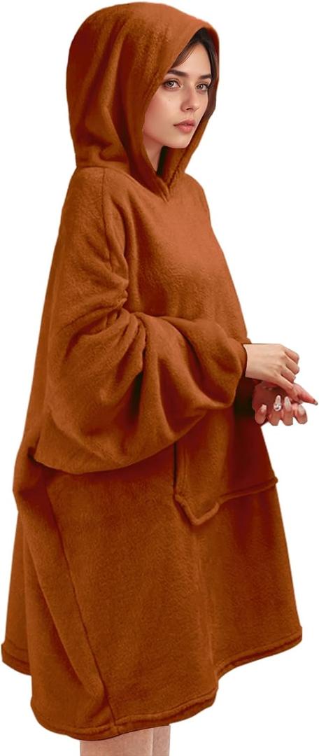 Wearable Blanket Hoodie Gifts for Women Men Oversized Light Flannel Sweatshirt Blanket with Giant Hood Pocket (Camel)