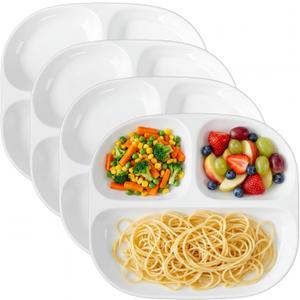 Lounsweer 4 Pack 8.58" Portion Control Plates White Rectangle Ceramic Porcelain Divided Plates Set for Rational Eating Healthy Diet Dinner 3 Compartment for Adults Microwave Dishwasher Safe