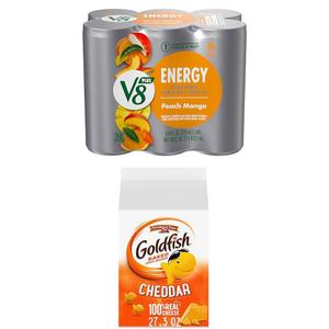 Goldfish Cheddar Cheese Crackers, 27.3 Oz Carton, and V8 +Energy Peach Mango Energy Drink, 8 Oz Can (Pack of 6)
