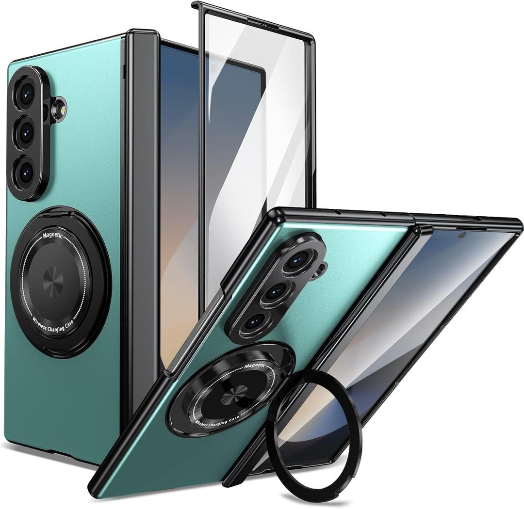 for Samsung Galaxy Z Fold 7 Case with Magnetic Ring Holder, 360 Rotating Bracket, Hinge Protection & Built-in Front Screen Protector, Slim Anti-Drop Shockproof Case.(Green)
