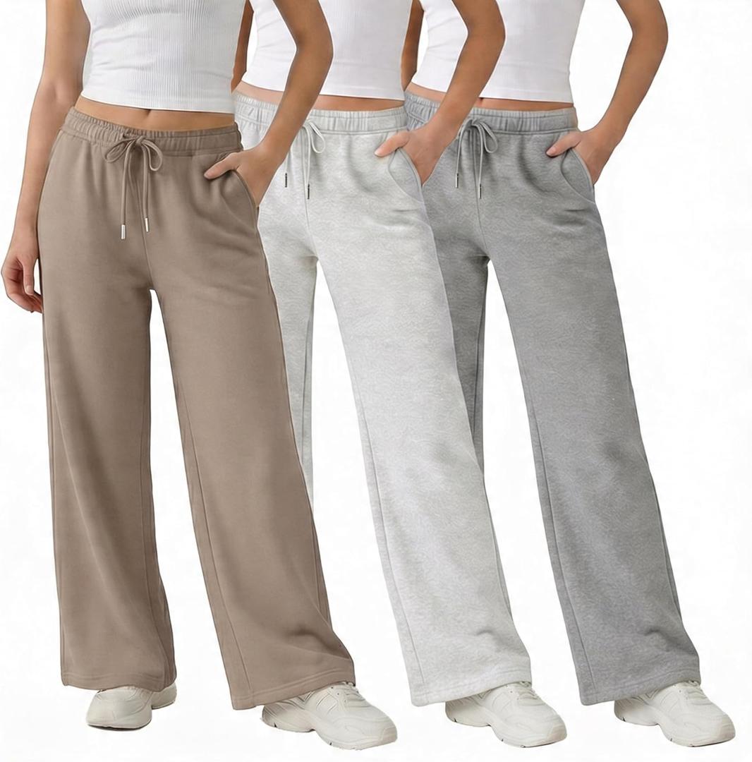 Common Stitch 3 Pack Wide Leg Fleece Lounge Sweatpants for Women  Deep Pockets, Relaxed Fit, Elastic Drawstring Waist (Large, Taupe / Lt. Heather Grey / Med. Heather Grey)
