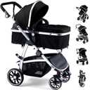 Hagaday Baby Stroller, 2-in-1 Reversible Toddler Seat with Bassinet Mode, Foldable Infant Stroller with Canopy, One Button Brake, Adjustable Handle, Newborn Pushchair(Black)