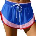 Fisoew Women Athletic Shorts 2 in 1 Running High Split Color Block Workout Yoga Mesh Shorts Pocket Drawstring (Blue, M)