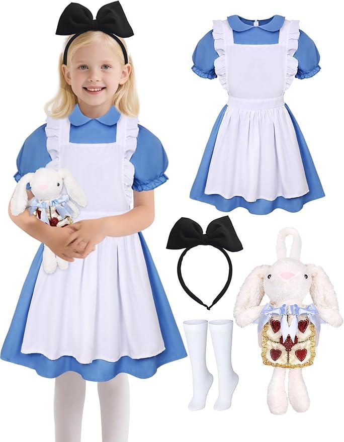 Girls Halloween Costume Kids Blue Dress White Apron with Plush Rabbit Bow Hair Band Socks (size 140)
