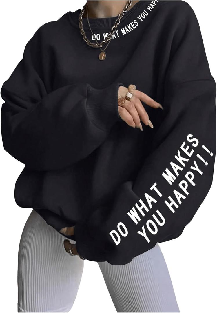 GORGLITTER Women's Letter Graphic Sweatshirts Y2k Crew Neck Long Sleeve Oversized Pullover Tops Aesthetic Casual Fall (S)