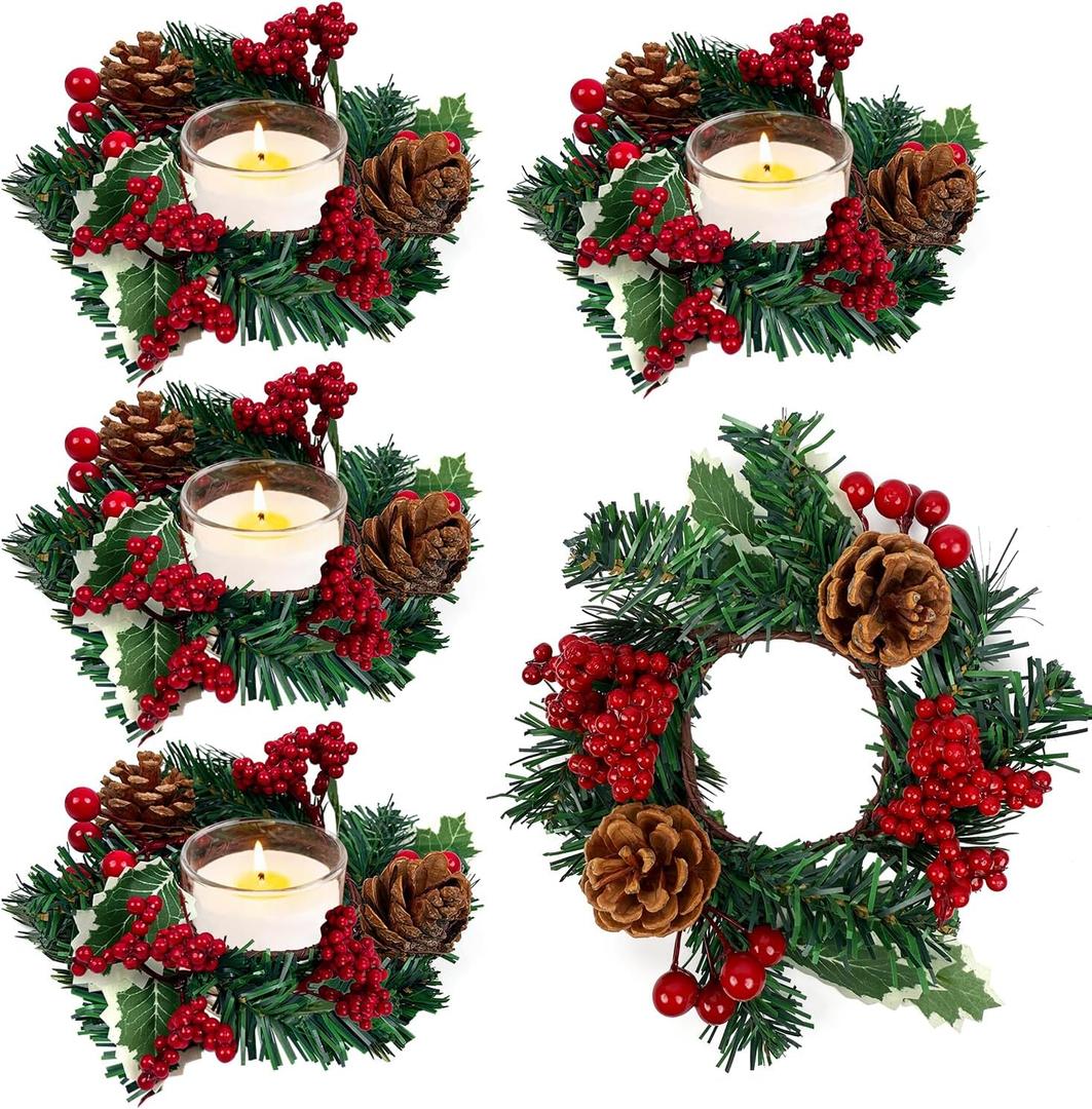 4 Pieces 9" Christmas Candle Ring Wreath Artificial Berries Pine Candle Ring Holder Christmas Wreath Rings for Xmas Home Dining Table Centerpieces Decor