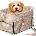 Dog Car Seat for Small Dogs,Center Console Seat for Puppy,Anti-Collapse Pet Car Seat with Soft Cushion Safety Belt, Portable Car Armrest Seat for Dog & Cat Under 15 lbs (Grid-Brown)