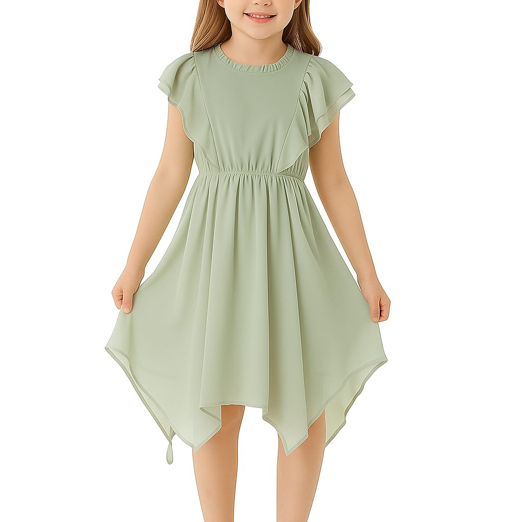 GRACE KARIN Summer Dresses for Girls Ruffled Round Neck Double Ruffle Sleeves A-line Casual Party Dress, Sage Green, 8Y