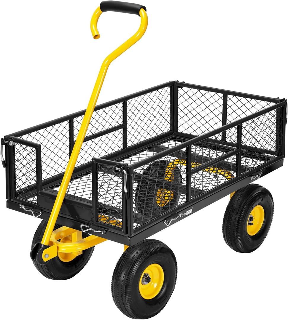 VIVOHOME Heavy Duty 880 Lbs Capacity Mesh Steel Garden Cart Folding Utility Wagon with Removable Sides and 4.10/3.50-4" Wheels 10 inch Tire (Black) (Large)