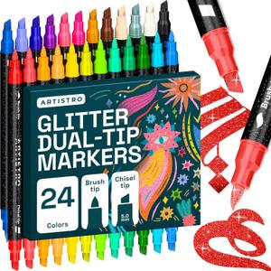 ARTISTRO 24 Sparkly Glitter Dual-Tip Paint Pens  Dazzling Markers with Acrylic Ink for Rock, Ceramic, Wood, Fabric, & More  Brush + Chisel Tips