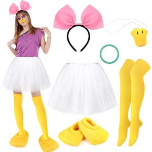 Honic 6 Pcs Halloween Costume Accessories Set - Women's Big Pink Bowknot Headband, Duck Nose Mask, Duck Feet Slippers, Yellow Socks, Rubber Bracelet, Tutu Skirt for Party Dress Up Cosplay