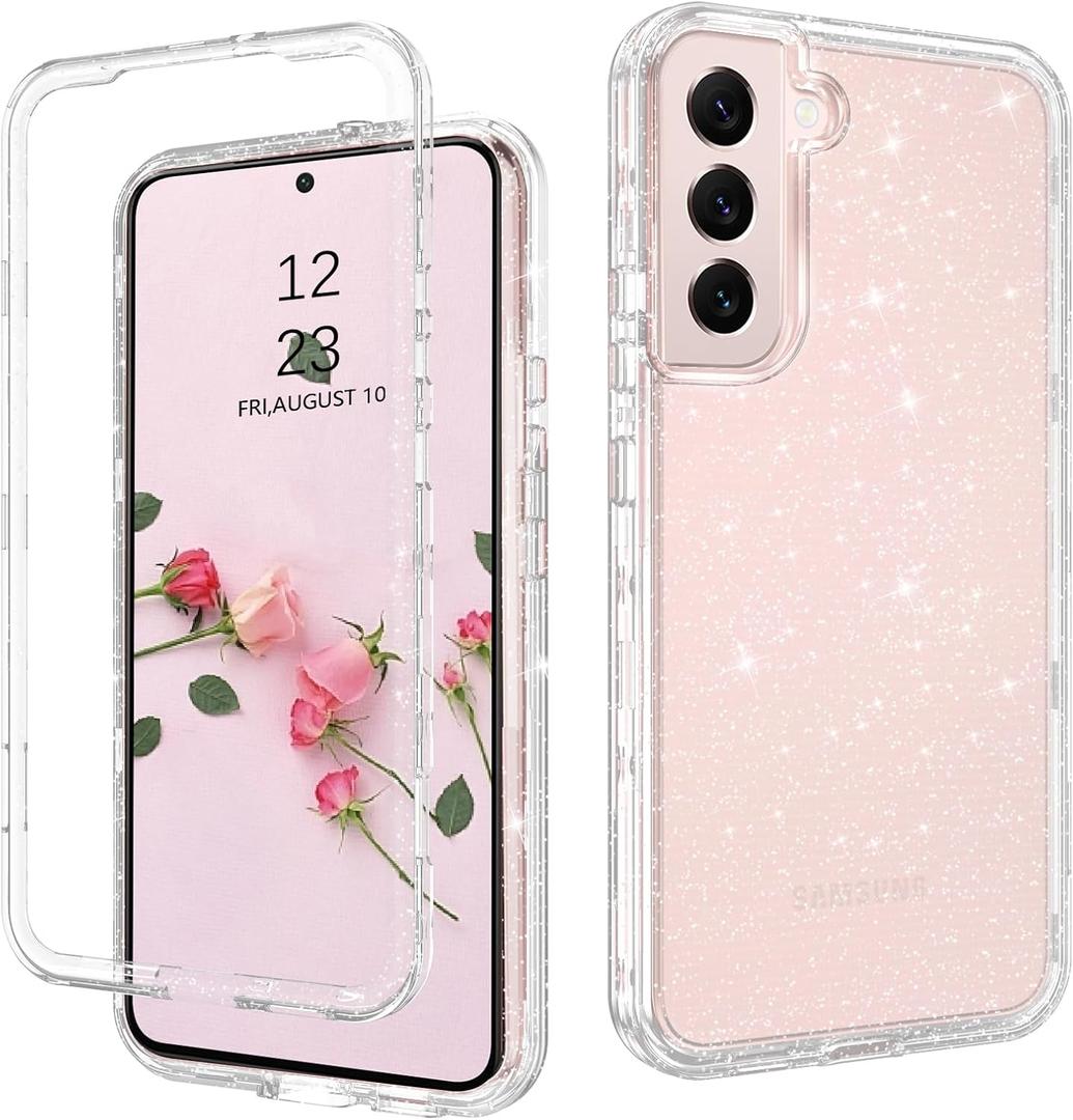 DUEDUE for Samsung Galaxy S22 6.1" 5G Case Glitter Full Body Protective 3 in 1 Heavy Duty Hybrid Hard PC Rugged Shockproof Women Girls Transparent Bling Sparkle Cover Phone Case for Samsung S22, Clear