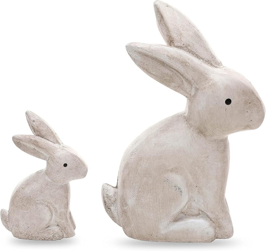 DN DECONATION Wooden Antique White 3D Bunny Rabbit Figurines for Spring Easter Decor Gift Set of 2