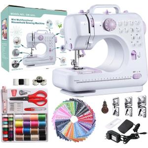 Sewing Machine for Beginners with 50 Pcs Fabric and 32 Pcs Sewing Threads Kit, Small Portable Mini Sewing Machine 12 Built-in Stitches 2 Speed with Foot Pedal