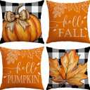 2 x Artscope Fall Pillow Covers 18x18 Inch Set of 4, Hello Fall Hello Pumpkin Buffalo Plaid Maple Leaves Harvest Outdoor Decorative Farmhouse Pillow Cases for Home Sofa Couch-Orange B
