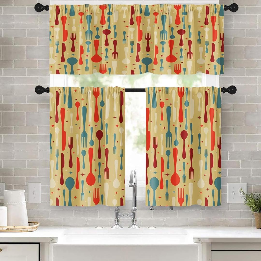 Vintage Yellow Kitchen Window Curtains Valance and Tier Set 36 Inch, Knife and Forks Rustic Rod Pocket Short Tier Curtain for Bathroom, Cartoon Small Cafe Drapes for Kitchen Decor