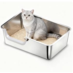Stainless Steel Litter Box with High Sides,Metal Litter Box with Low Entry for Kittens & Senior Cats,Large Cat Litter Boxes,19.6" L X 13.7" W X 5.9" H,Non-Sticky,Easy to Clean (Left Entry)