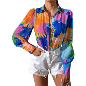 Button Down Shirts for Women Dressy Lantern Long Sleeve Blouses Printed Casual Loose Colorful Blouse Work Tops (X-Large, A03color)