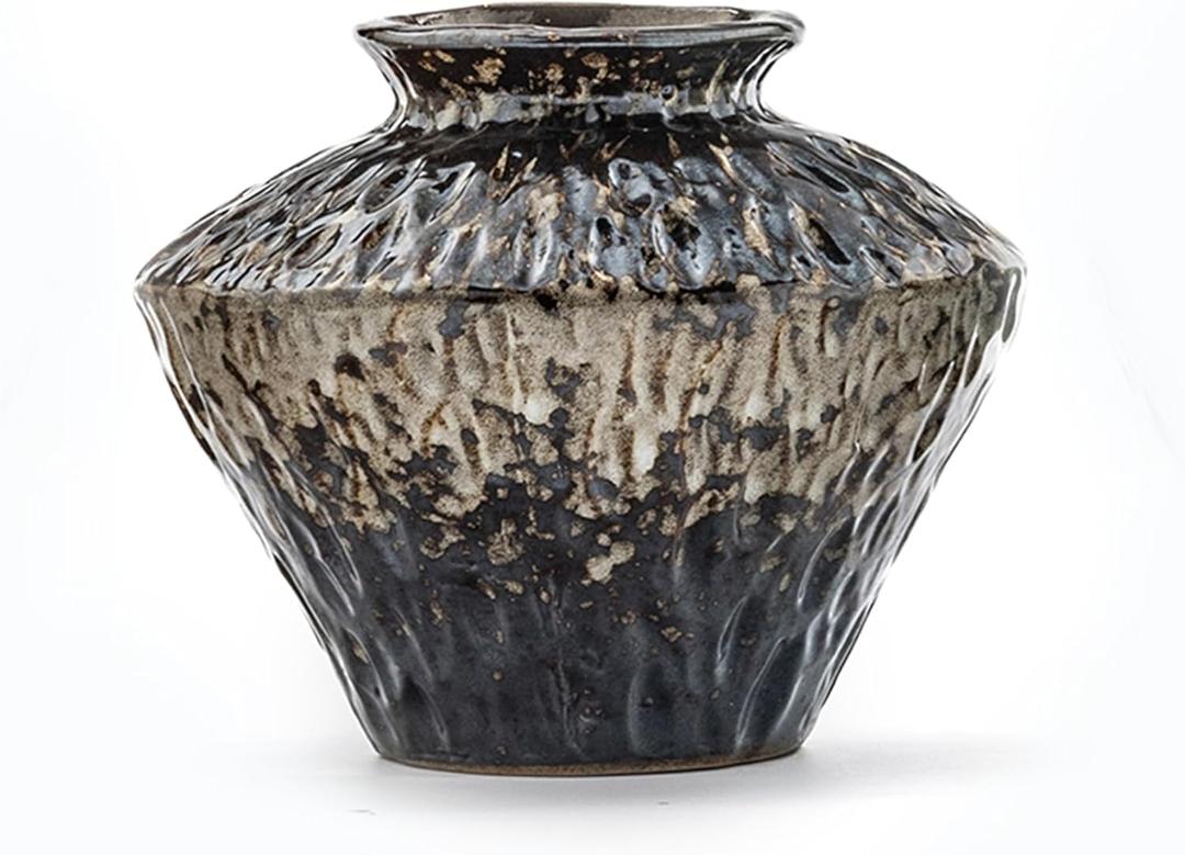 Janpu Ceramic Rustic Farmhouse Vase,Pottery Decor Flower Sand Glaze Finish Boho Vase for Home Decor, Table, Living Room, Bathroom Decoration, Shelf Decor,Vintage Deco,Black and White vase