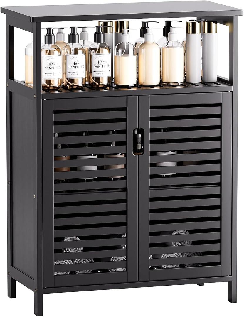 HITNET Bathroom Storage Cabinet, Bamboo Floor Cabinet with Double Doors and Open Shelf, Freestanding Cupboard for Living Room, Kitchen, Entryway, Black, Large