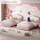 Garvee Versatile Upholstered Twin Platform Bed Frame for Girls, Boys - LED Lights, Storage Drawer, Soft Headboard, Wooden Slats, Noise-Free, No Box Fresh Needed, Princess Style, Pink and White