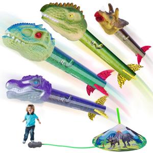 Dinosaur Toy Rocket Launcher for Kids - Launch Up to 100 Ft, 4 Rockets, Outdoor Outside Toys for Kids, Dinosaur Toys, Birthday Gifts for 3 4 5 6 7 8-12 Year Old Boys Girls