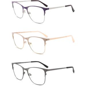 DONGDI Stylish Blue Light Blocking Reading Glasses Spring Hinge Oversize Metal Frame Women Lightweight Computer Readers (3 Mix Colour)