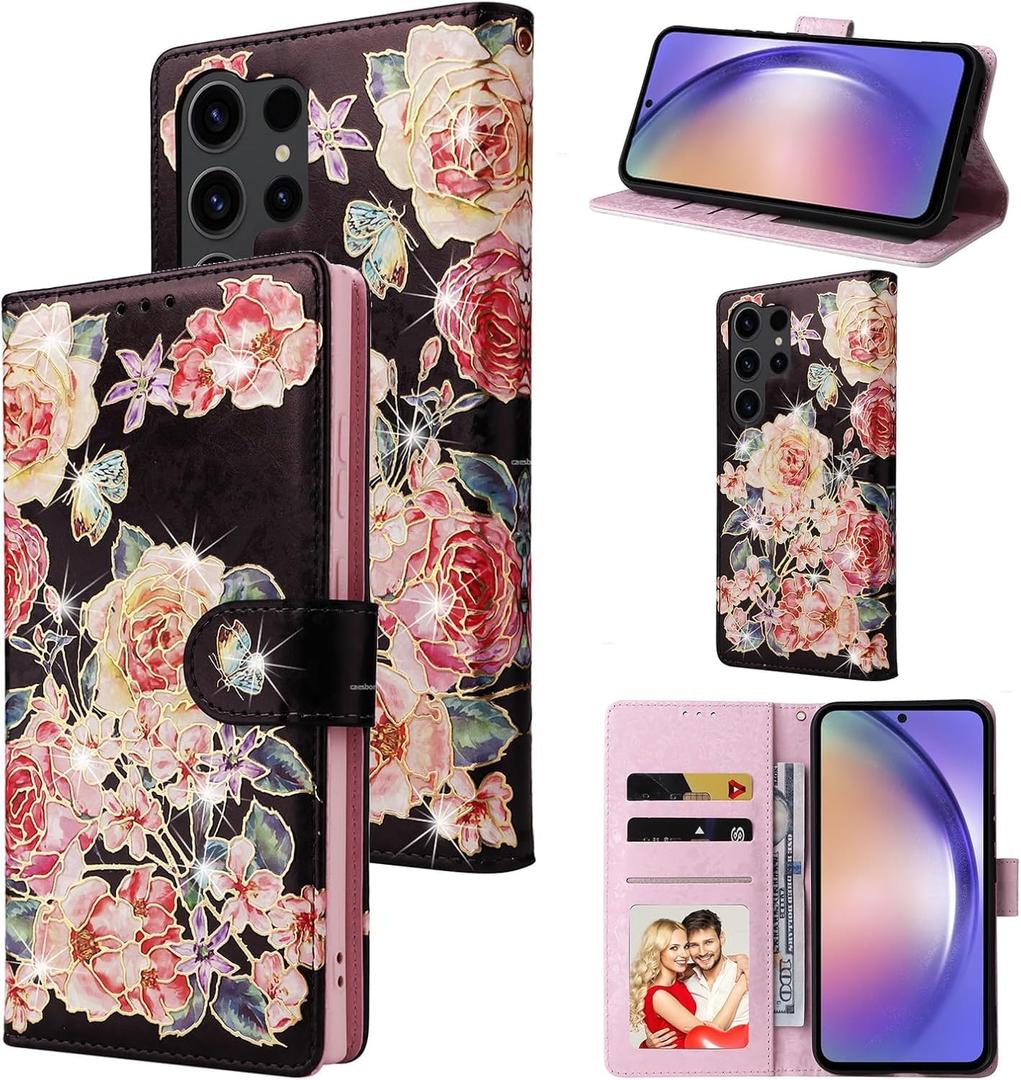 UEEBAI Wallet Case for Samsung Galaxy S25 Ultra 5G, Leather Phone Wallet Kickstand RFID Blocking Flip Case Card Slots Wrist Strap Relief Engraved Pattern Magnetic Closure Flower Cover, Black Rose