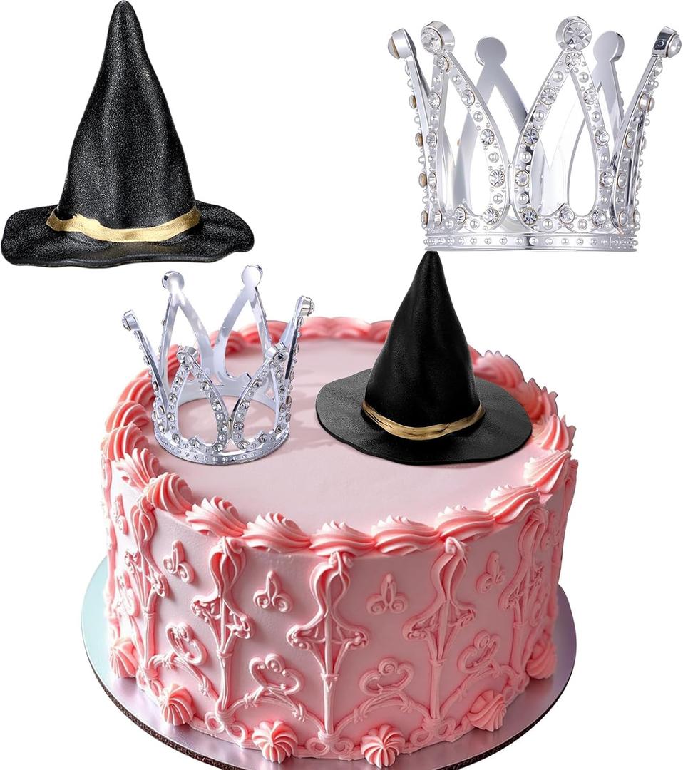 2 Pack Witch Hat and Crown Cake Topper, Mini Wizard Hats Crown Cupcake Decorations for Birthday Party Supplies(Classic Style)
