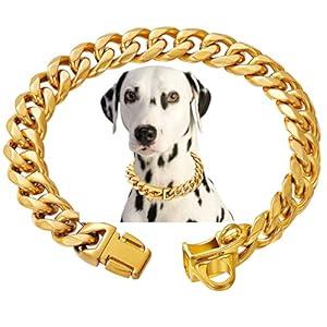 Stainless Steel 18K Gold Dog Collar with Secure Locking Buckle – 15MM Cuban Link ChewProof Chain for Small, Medium & Large Dogs