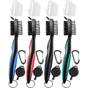 POIKSHARK Golf Club Brush and Club Groove Cleaner with Retractable Zip-line and Aluminum Carabiner Cleaning Tools (4 Pack-Black/Red/Blue/Green)