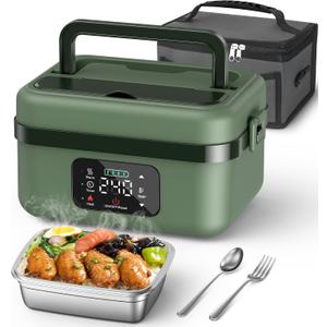 ODSD Cordless Electric Lunch Box for Adults, 16000mAh Rechargeable Self-Heating Lunch Box Food Warmer with Timer & Adjustable Heating, 34oz/1L Container with Insulated Bag for Office Car Outdoor (Green/Dark Green)