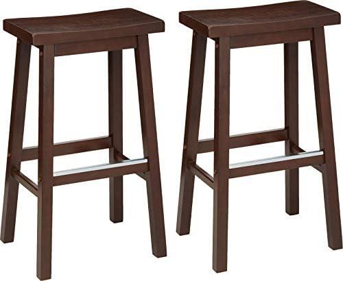 Amazon Basics 29" Barstool, Solid Wood Saddle-Seat, Height Kitchen Island Barstool, Set of 2, Walnut Finish