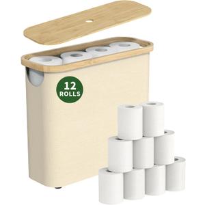 Toilet Paper Basket 24L, Toilet Paper Storage with Lid for up to 9-12 Rolls, Waterproof Bathroom Storage Organizer Bin Containers with Bamboo Lid, Non-Slip Bottom (Beige)