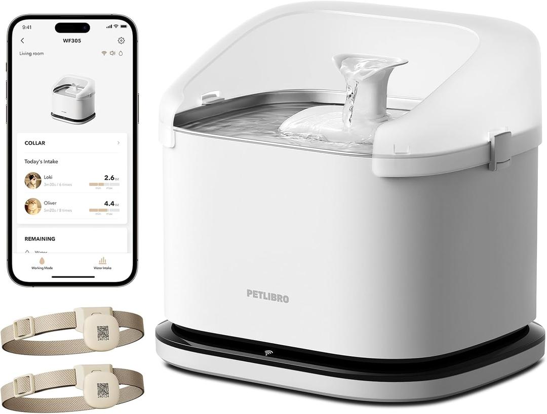PETLIBRO Cats Water Fountain for Multi Cats, Cat Fountain with RFID Recognition Each Pet, 3L/101oz Pump-Free Cat Water Fountain Stainless Steel Tray, 2.4G Wi-Fi APP Pet Water Fountain x2 Collar Tags (White)