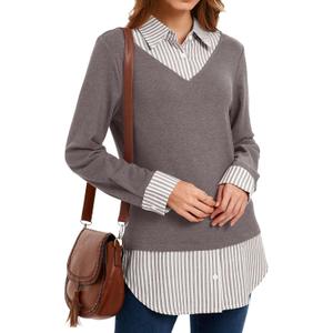 Oyamiki Women's Casual Collared Curved Hem 2 in 1 Pullover Tops Plaid Contrast Shirt Blouse, Medium