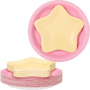 Willinglong 50 Pcs Princess Tea Party Decorations 7 Yellow Star Shaped Paper Plates and 9 Pink Round Paper Plates Disposable Dinnerware Set for Birthday Wedding Baby Shower Party Decorations